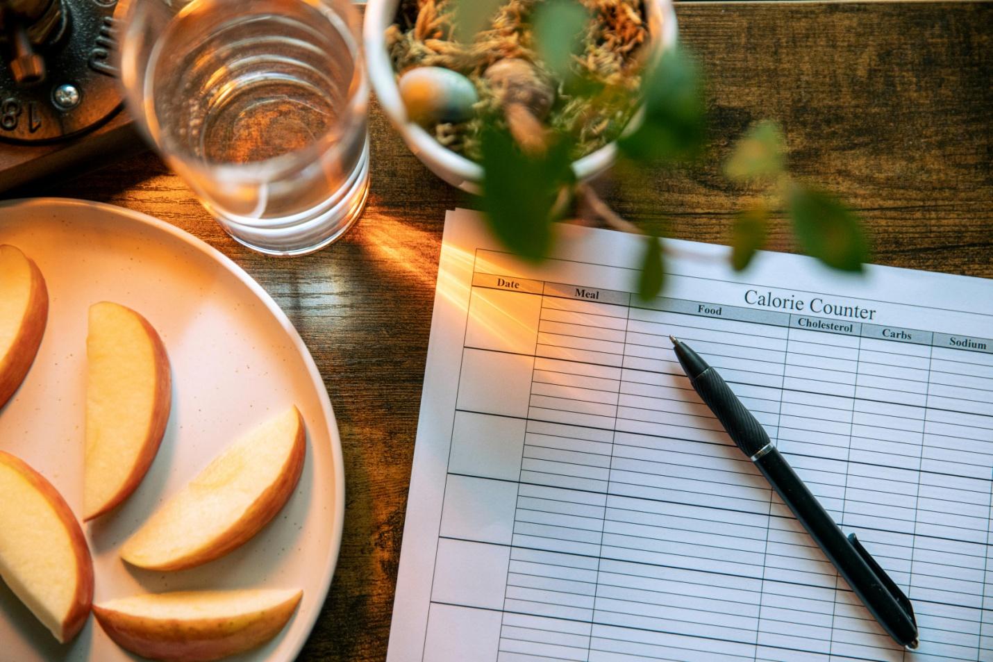 A picture of a paper to keep track of calories, a pen, a plate of apple slices and a glass of water